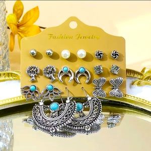 9 Pairs Turquoise Pearl Rhinestones Earrings Set